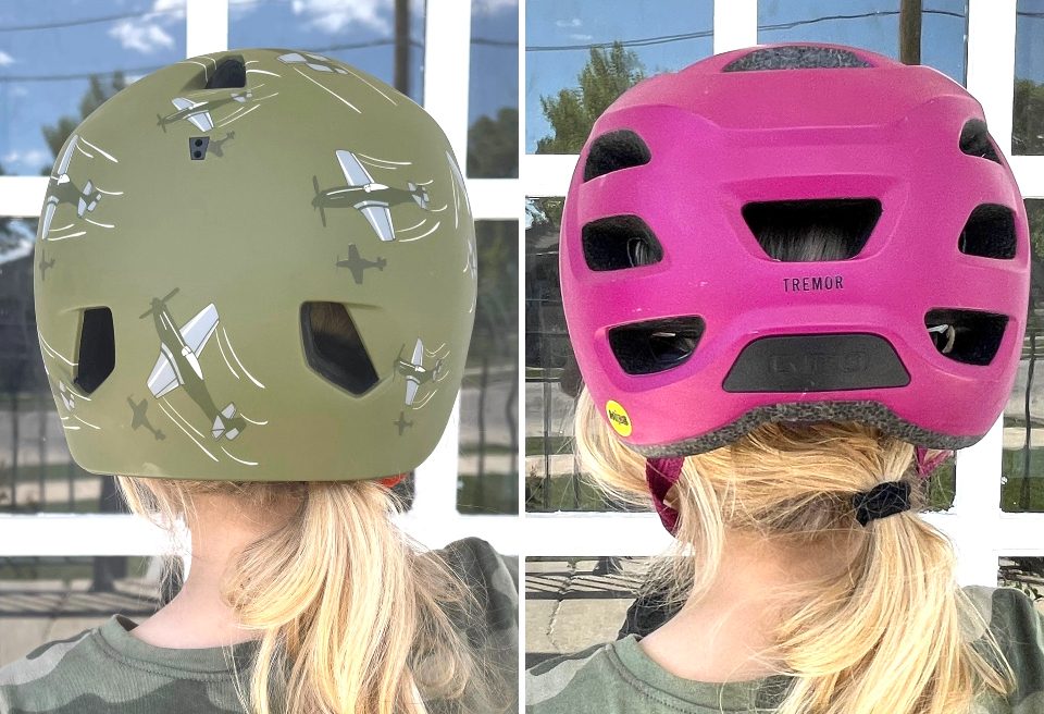 Side by side comparison of toddler wearing the Bern Nino and another helmet, shown from back to show rear coverage