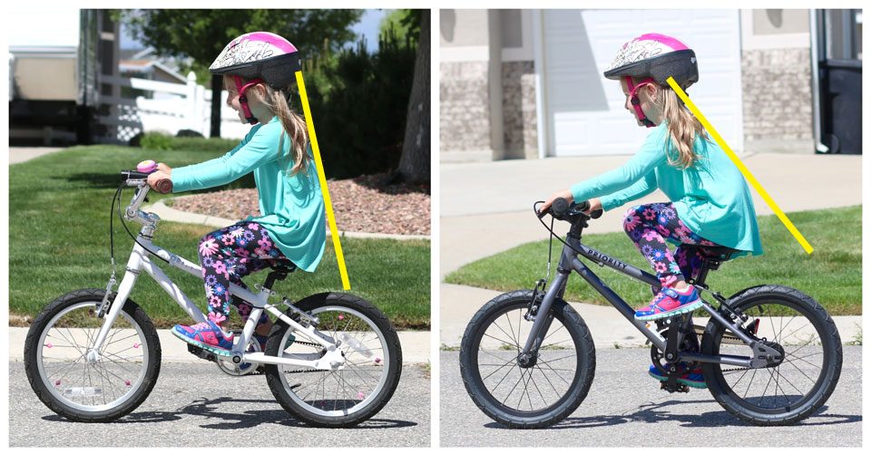 Side by side comparison of girl riding Priority Start 16 with regular handlebars and with lower handlebars