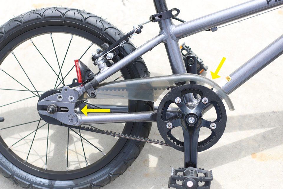 Chain guard and belt drive tensioning system on Priority Start 16
