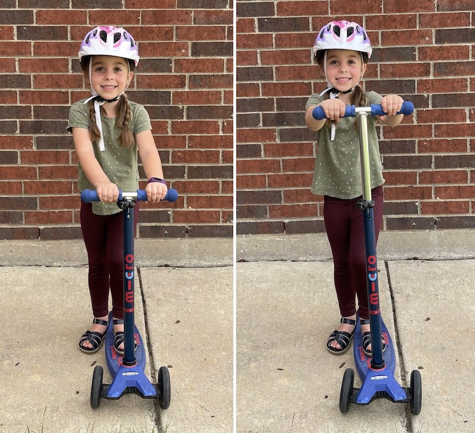 5 year old on Micro Maxi scooter with handlebars at minimum and maximum