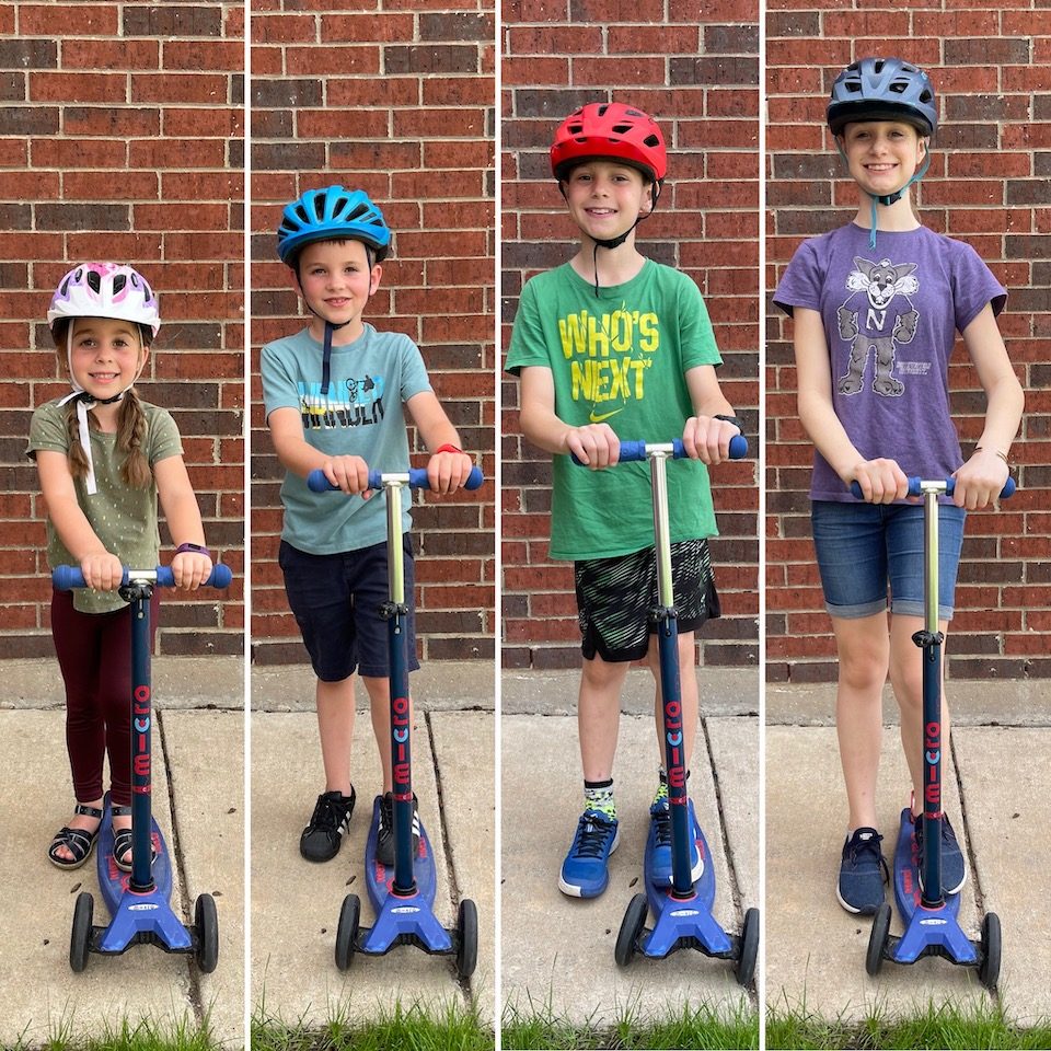 Side by side comparison of kids ages 5, 7, 10, and 12 on the Micro Maxi scooter, comparing sizing.