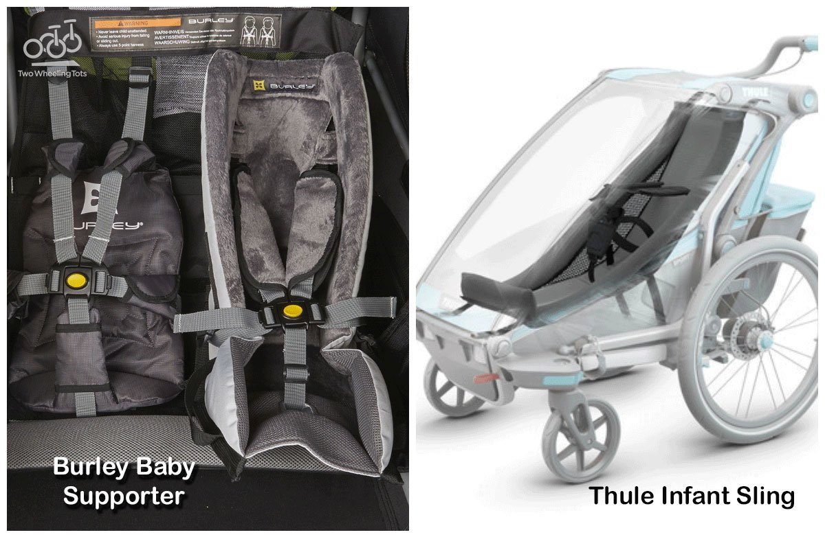 collage of two baby bike trailer inserts, the burley baby supporter and the thule infant sling