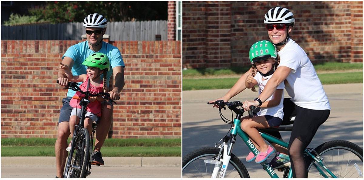 younger girls riding on the Tyke Toter child bike seat with their mom and dad