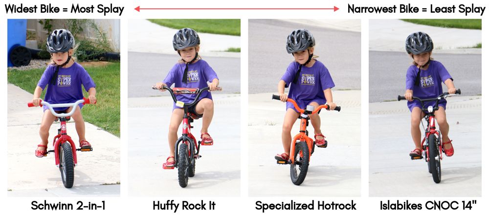 Child on 4 different bikes. From cheapest to most expensive, and widest leg splay to least leg splay: Schwinn 2-in-1, Huffy Rock It, Specialized Hotrock, Islabikes CNOC 14.