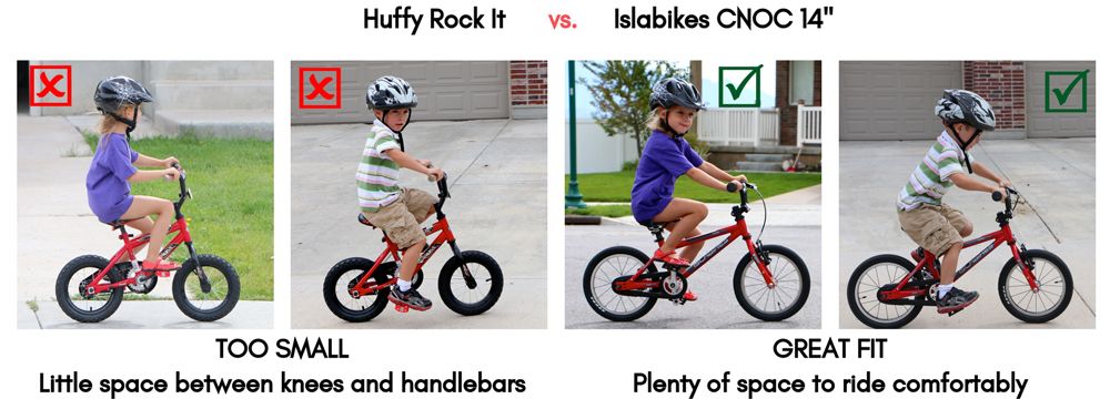 The Huffy Rock It is too small, with little space between a child's knees and the handelbars. The Islabikes CNOC 14" is a great fit with plenty of space to ride comfortably.