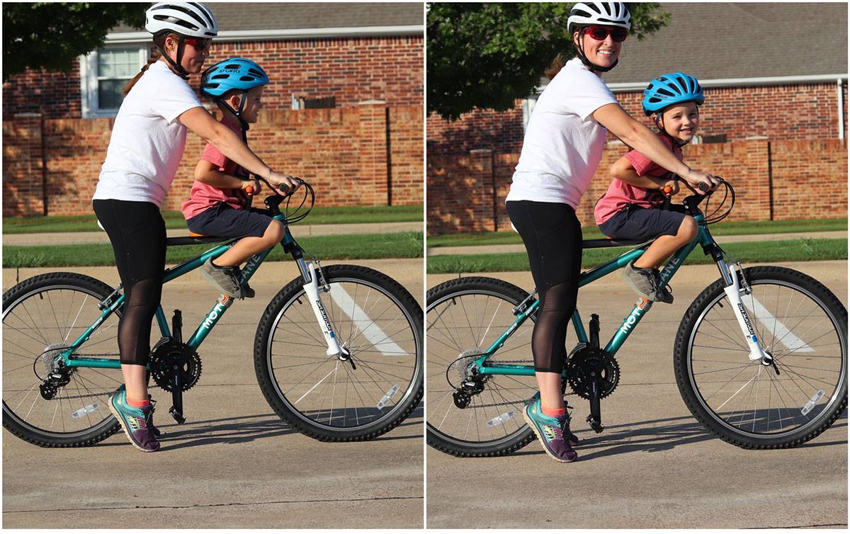 Side shot showing how a short mom doesn't have enough height clearance with riding with older kids on the Tyke Toter child bike seat