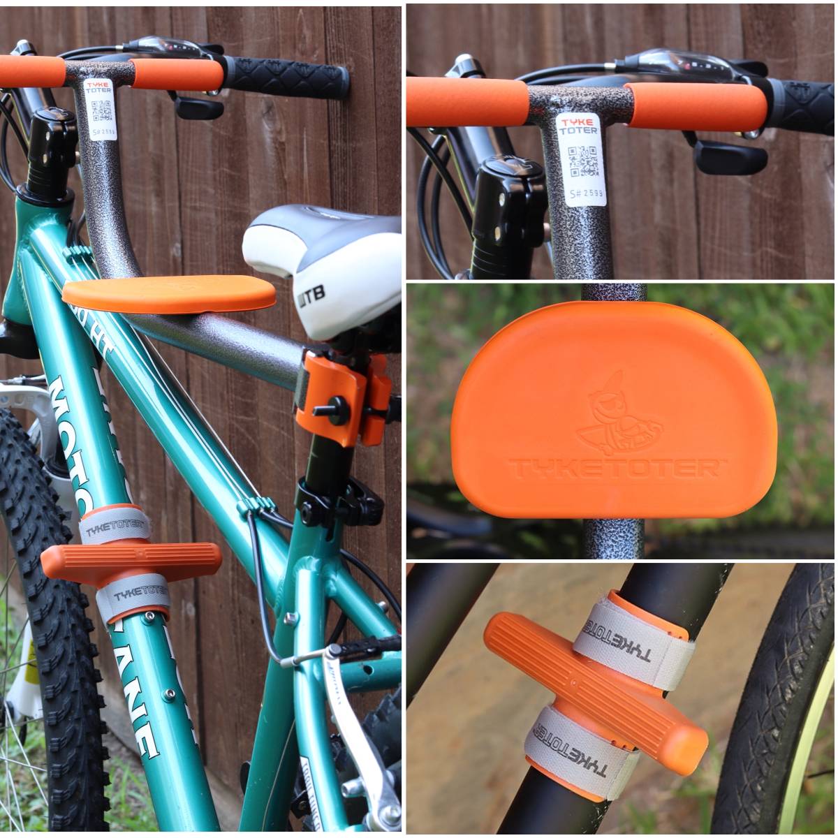 Collage of components of Tyke Toter child bike seat - seat, footpegs, and handlebars