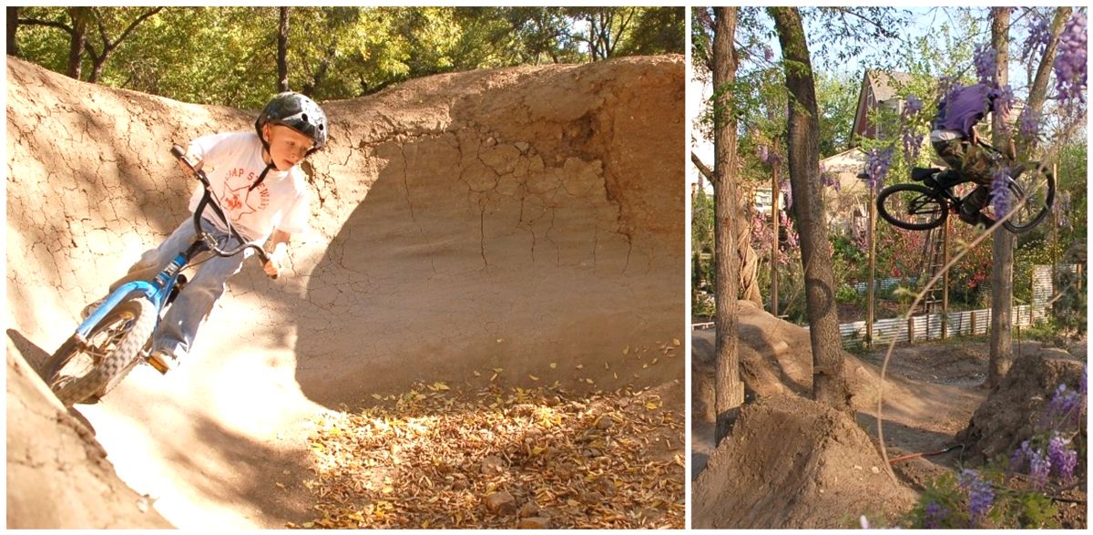 9th Street BMX park in Austin. 8-year-old boy riding in the bowl, older rider executing a dirt jump.