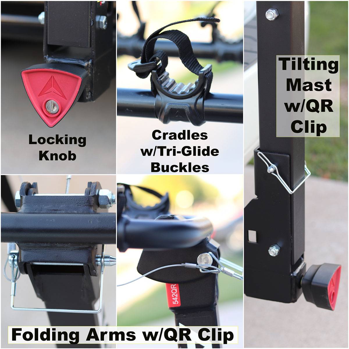 Allen Bike Rack Components - locking knob, tilting mast, folding arms, cradles with tri-glide buckles