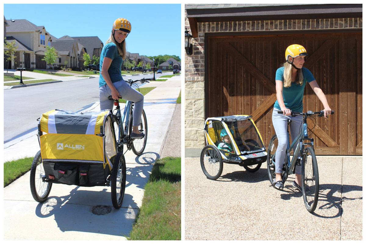 Mom pulling toddler around neighborhood in Allen bike trailer S2 model