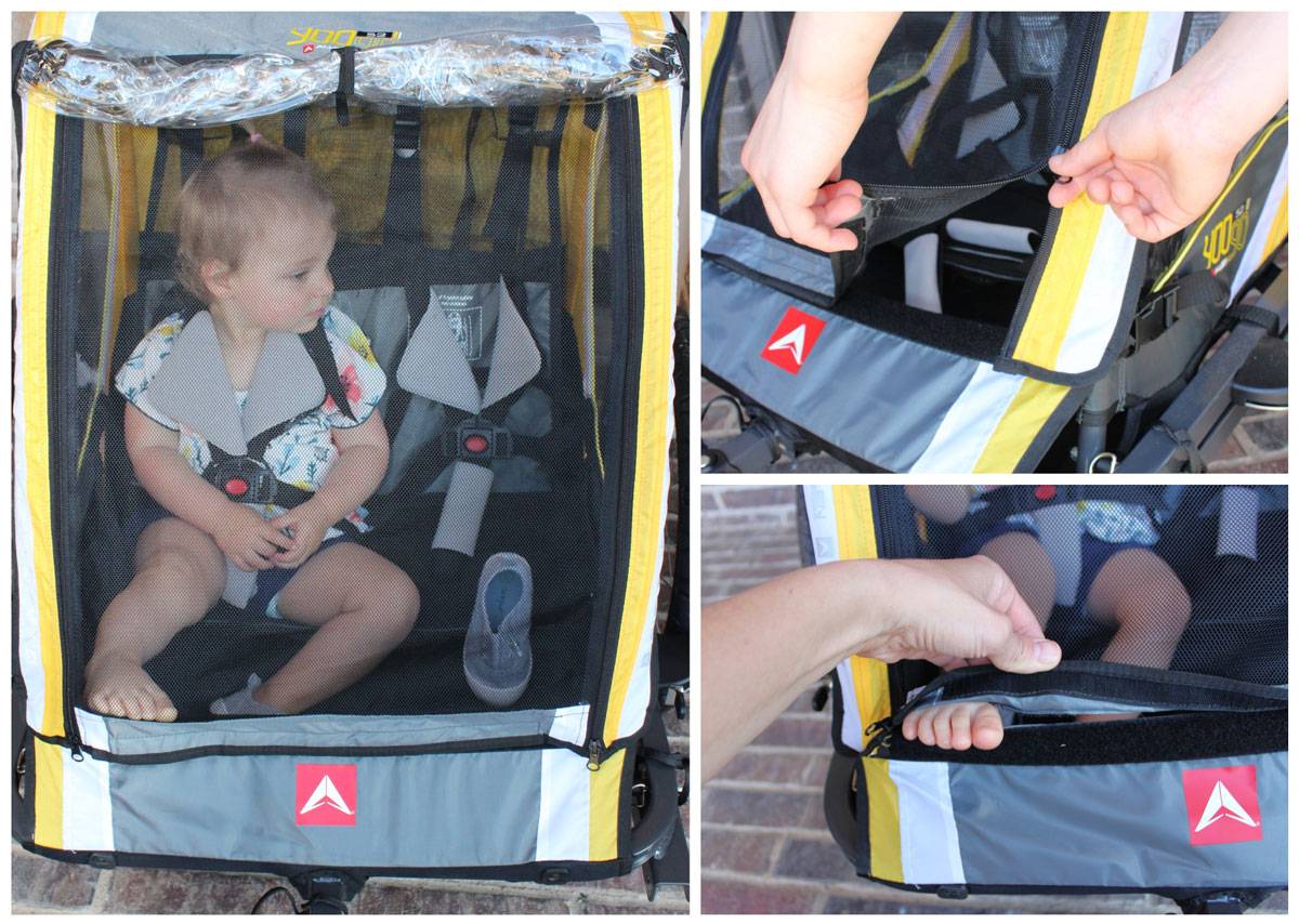 Allen bike trailer S2 mode, mesh cover zips down sides and velcro's on the bottom edge