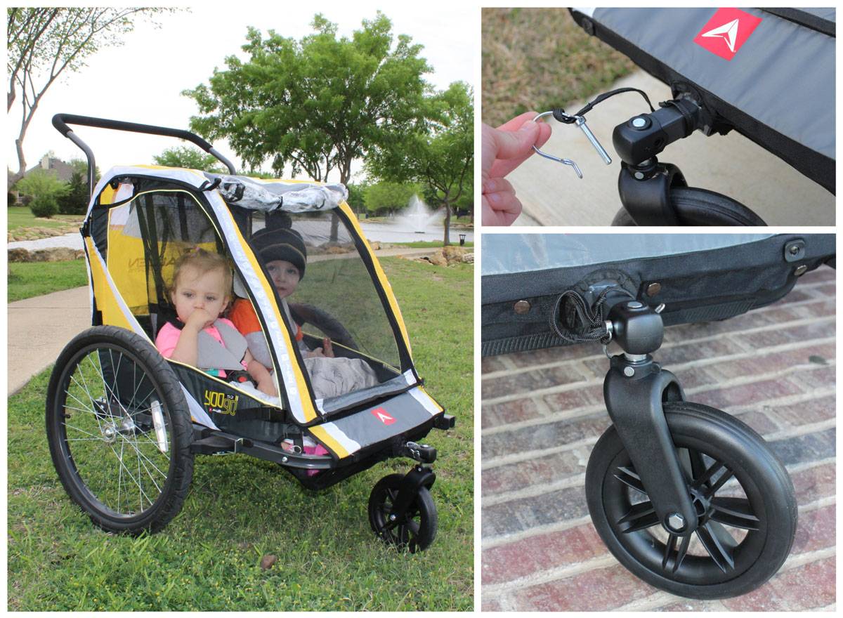Allen Sports bike trailer S2 model used as a stroller.  Images showing two toddler in trailer as well as how to connect stroller wheel