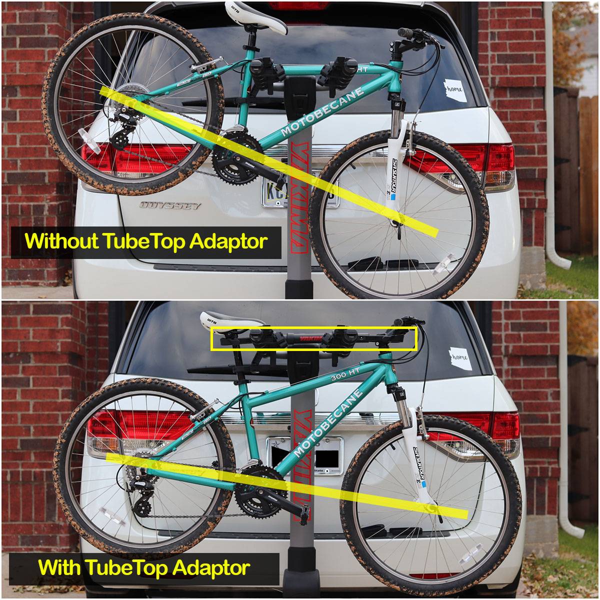 Yakima TubeTop top tube adaptor for use with their hanging bike racks. Bike is loaded at a diagonal without the adaptor. With the adaptor the bike hangs evenly.