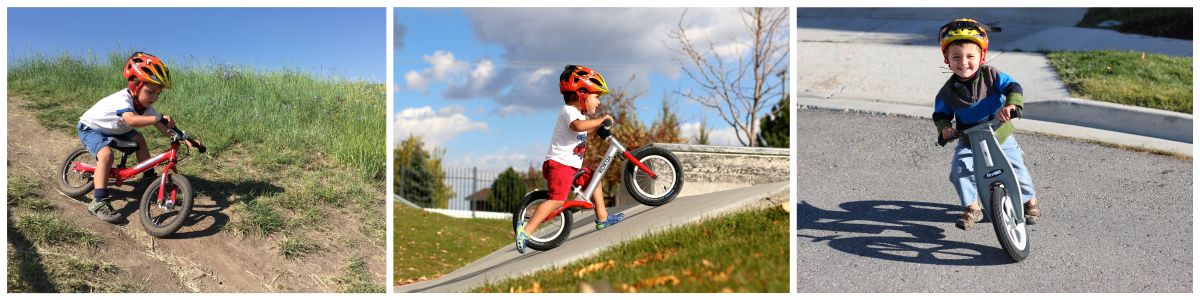 A toddler riding a balance bike - stopping himself from falling down a dirt hill, riding up a cement ramp, making a tight turn