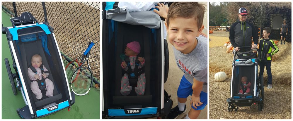 Baby in Thule Cross with Thule Infant sling on tennis court, at school playground with brother, and on a family outing with dad and brother.