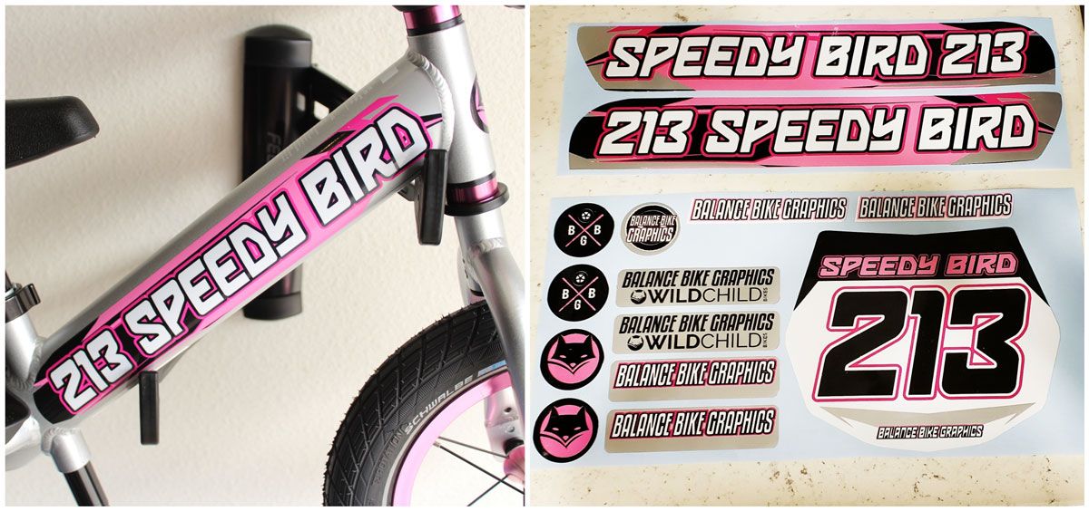 Balance bike racing graphics on Strider balance bike are a colorful way to accessorize a balance bike
