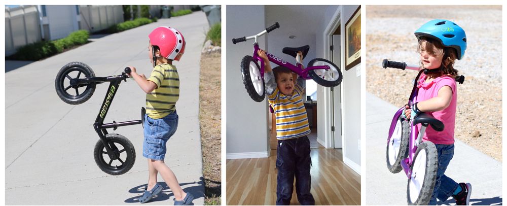 Kids lifting and carrying their lightweight balance bikes with ease.