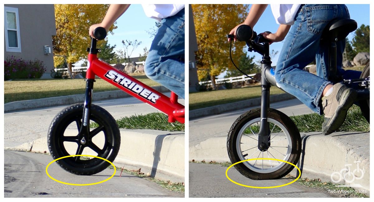 Side by side comparison of a Strider foam tire and an air tire going off the curb. The air tire compresses, while the foam tire does not.