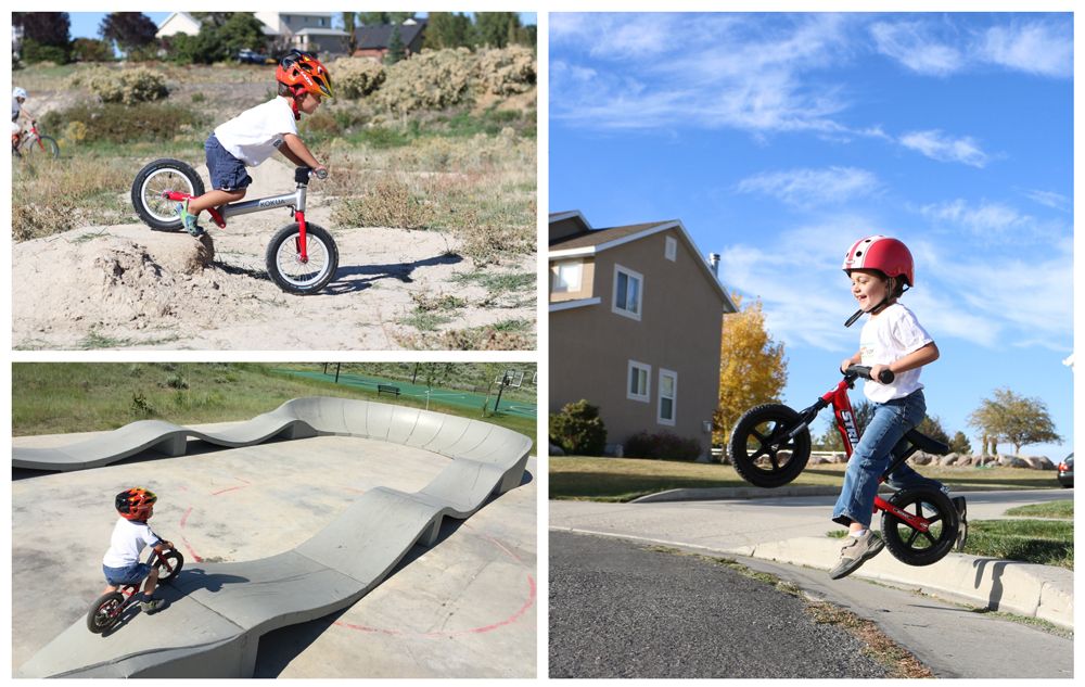 young boy exploring various terrain on a balance bike - dirt mound, pump track, and jumping off a curb.