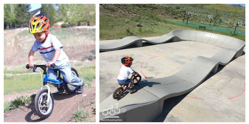 Toddler riding his balance bike at a pump track and on a dirt trail