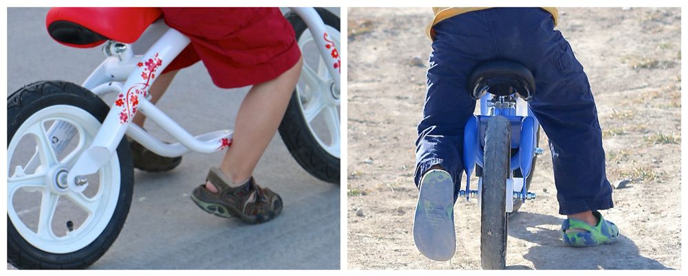 Two pics showing poorly designed balance bike footrests that get in the way of a child trying to run on the bike