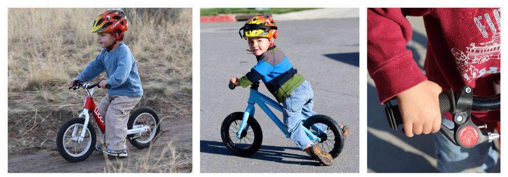 Collage showing three methods for stopping a balance bike: 1) With feet flat and in front of child 2) with toes dragging behind the child 3) hand brakes