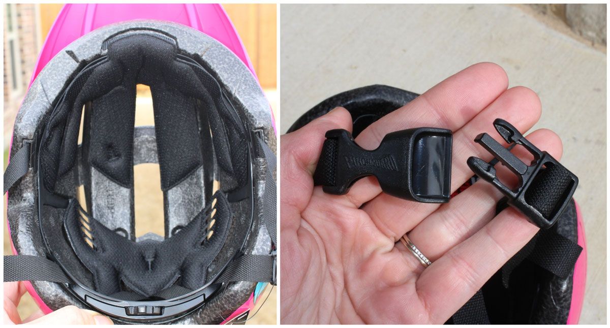 Internal pads and buckle of Bell Sidetrack 2 youth bike helmet.