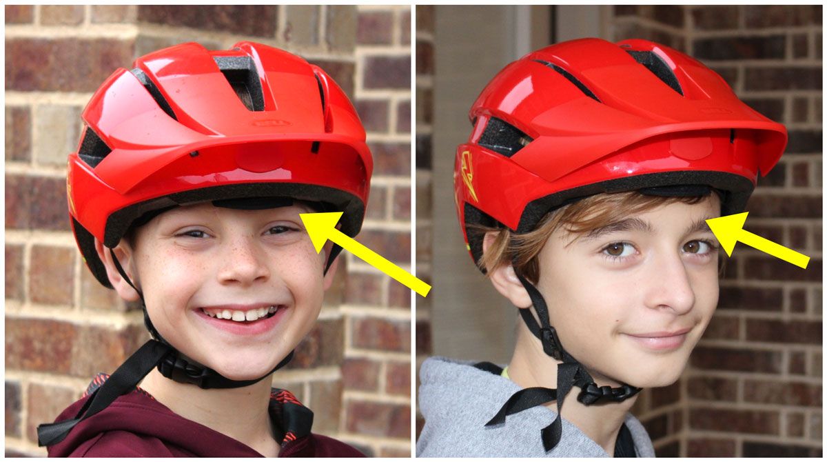 Side by side comparison of 9 year old and 12 year old wearing the Bell Sidetrack 2 bike helmet. The helmet comes too low on the 9 year old.