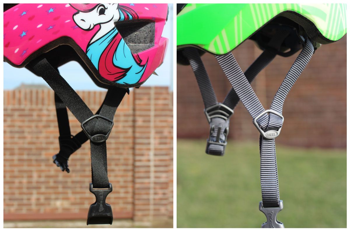 Side by side comparison of Sidetrack 2 and original Sidetrack kids helmet. Showing flatter, softer straps on Sidetrack 2.