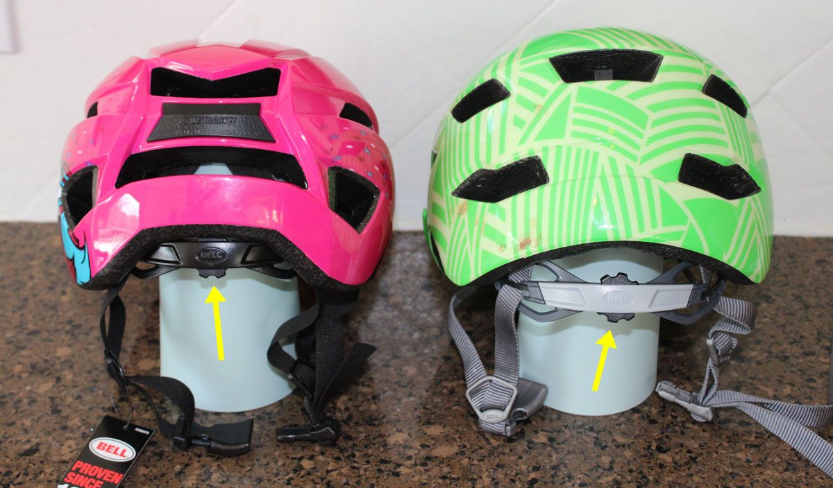 Side by side comparison of the new Bell Sidetrack 2 helmet and the original Sidetrack. The dial adjust knob on the original comes down much lower.