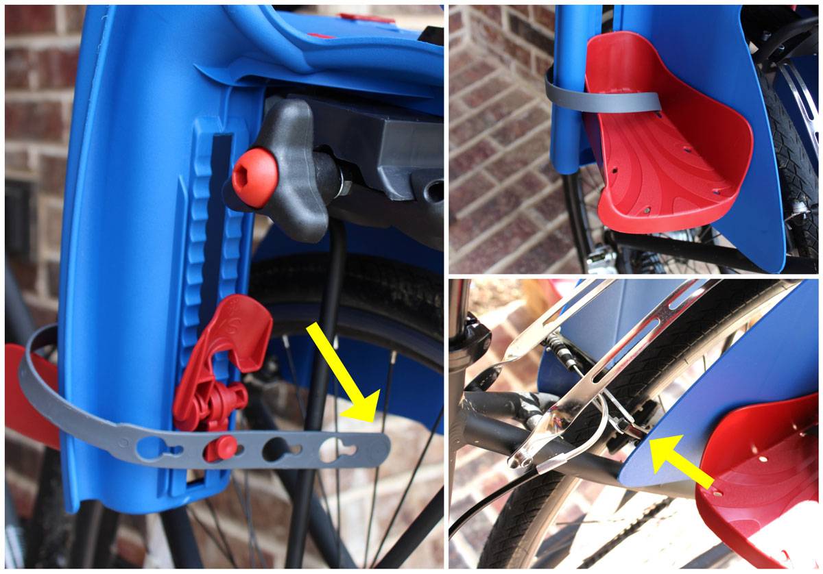 Bellelli Pepe child bike seat footrest and leg shield. The footrest strap is in the spoke. The shield is resting against the bike's brake levers.