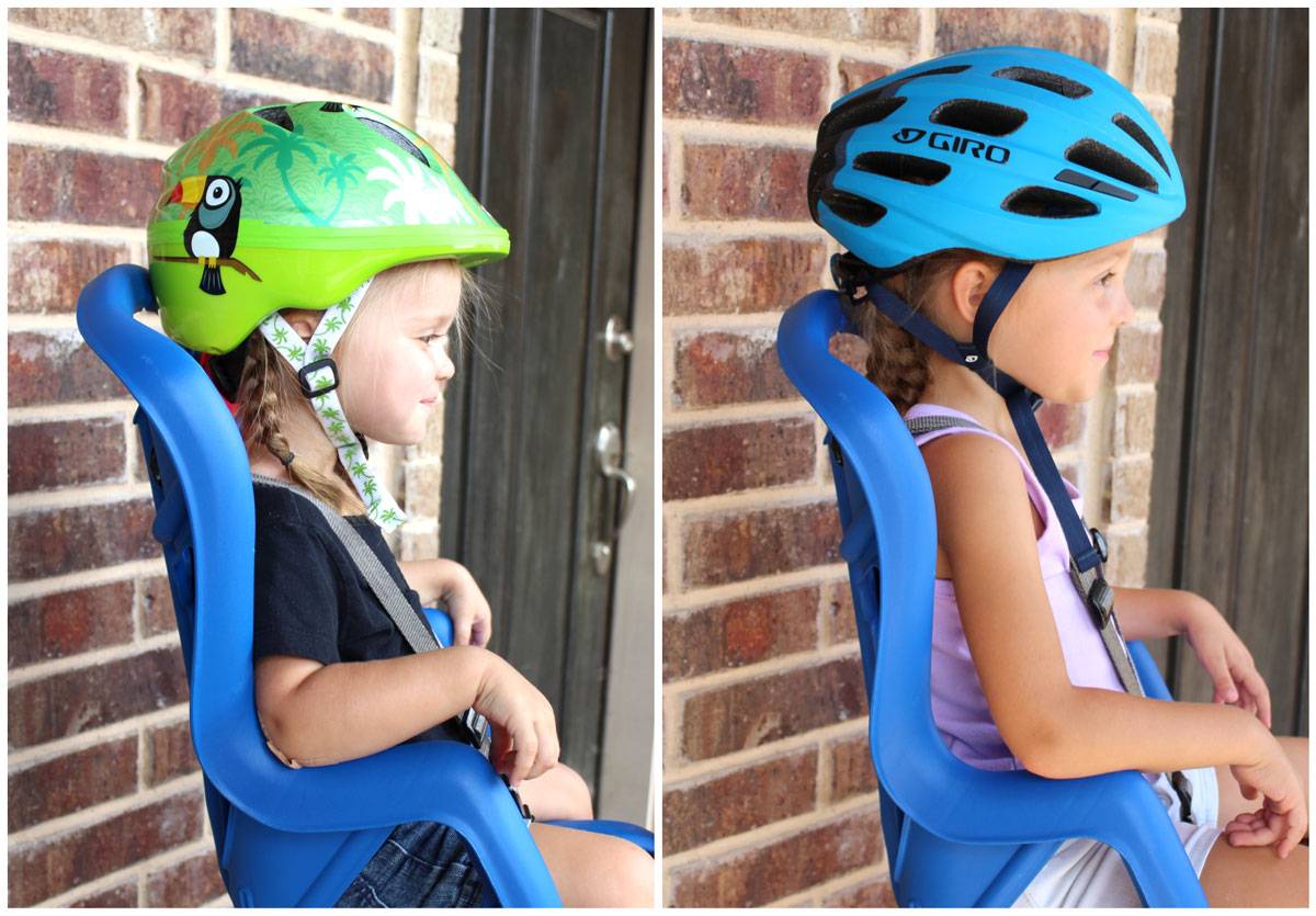 Bellelli Pepe child bike seat's helmet recess with 2.5 year old and 4 year old