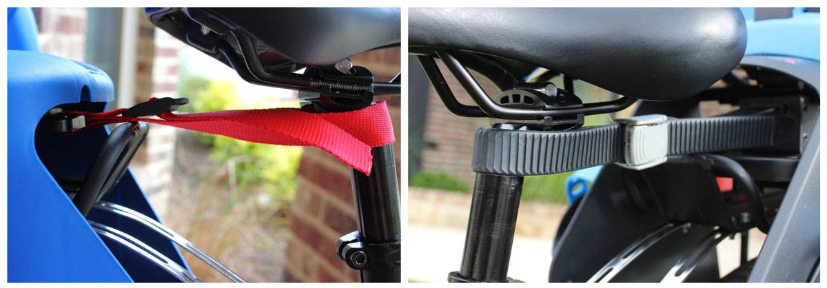 Nylon safety strap on the Bellelli Pepe child bike seat, vs thick plastic ratcheting system on the Thule Child bike seats