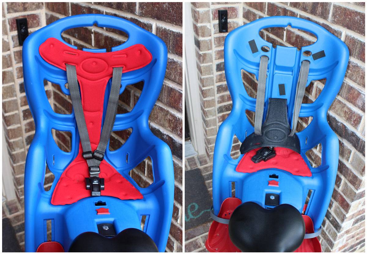 Thin padding of the Bellelli Pepe child bike seat, then pulled half way off to show small velcro attachments.