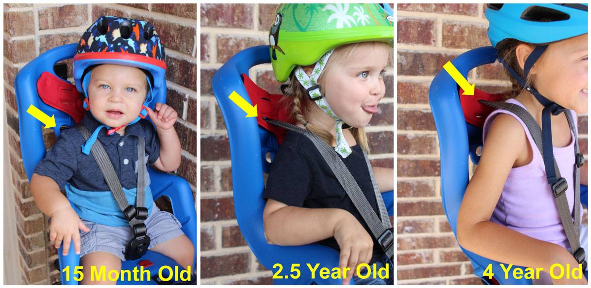 3 kids of different ages each sitting in the Bellelli Pepe child bike seat with the shoulder strap adjusted to a different height.