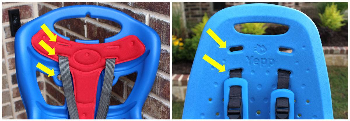 3 shoulder strap height slots in the Bellelli Bicycle Baby carrier, vs. 2 in the Yepp Maxi