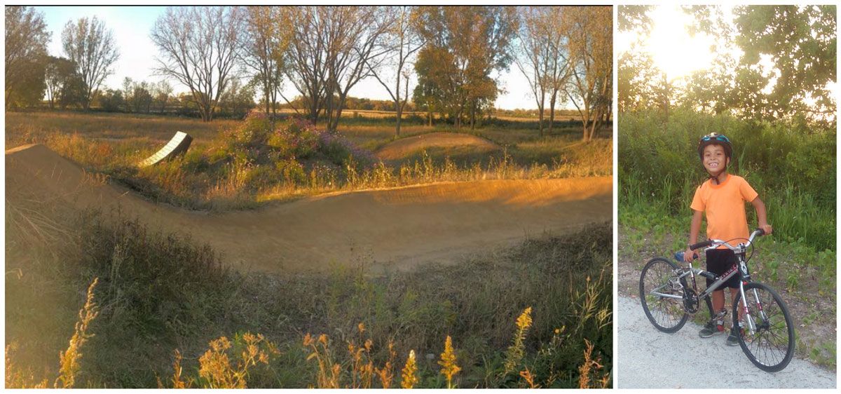 Big Marsh Bike Park in Chicago at Sunset. Child standing with his bike at Big Marsh.