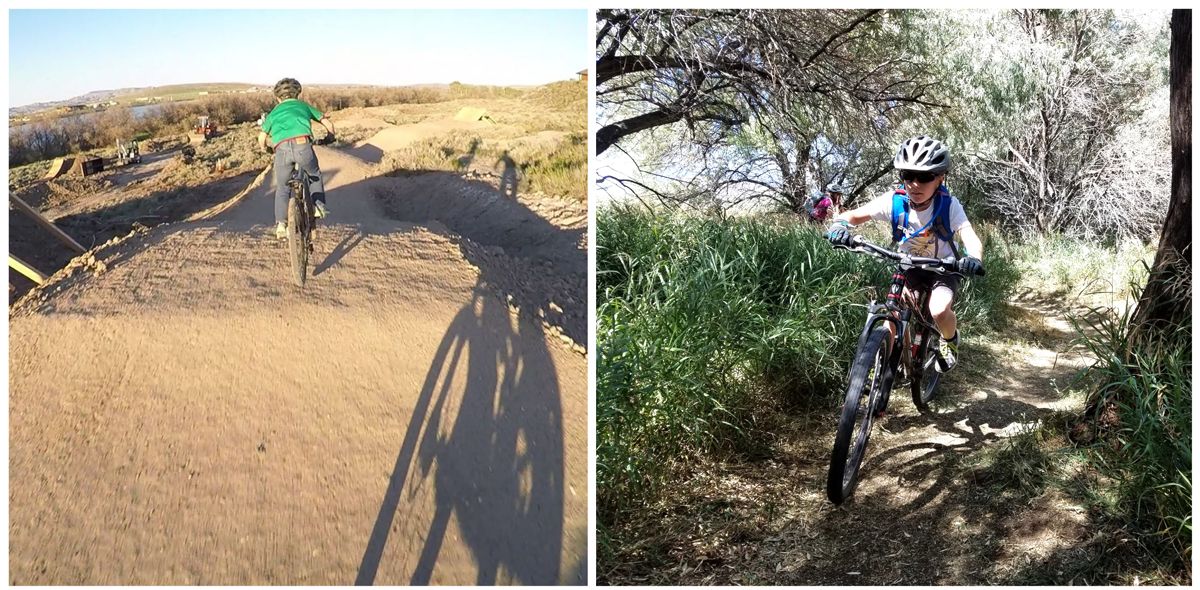 Boy riding through shaded trail, another boy riding over a jump feature at Beck Lake Bike Park.