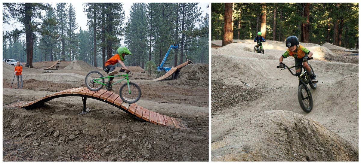 Bijou Bike Park in South Lake Tahoe - young boys riding over wood bridge and over dirt rollers