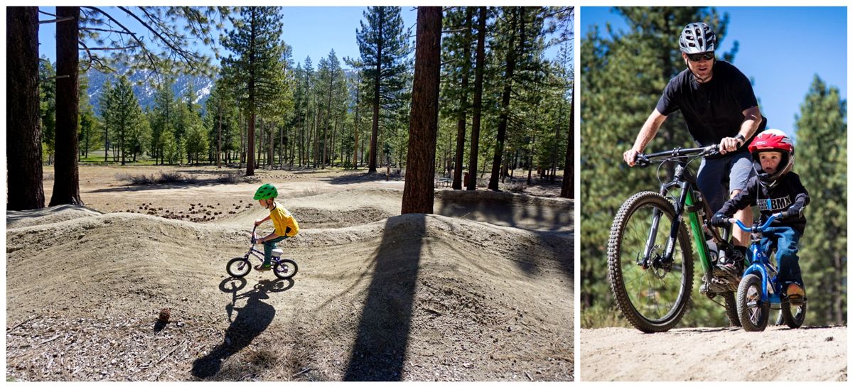 Bijou Bike Park in South Lake Tahoe. Boy riding through dirt trail in forest, Dad and son waiting at top of dirt jump to ride down.
