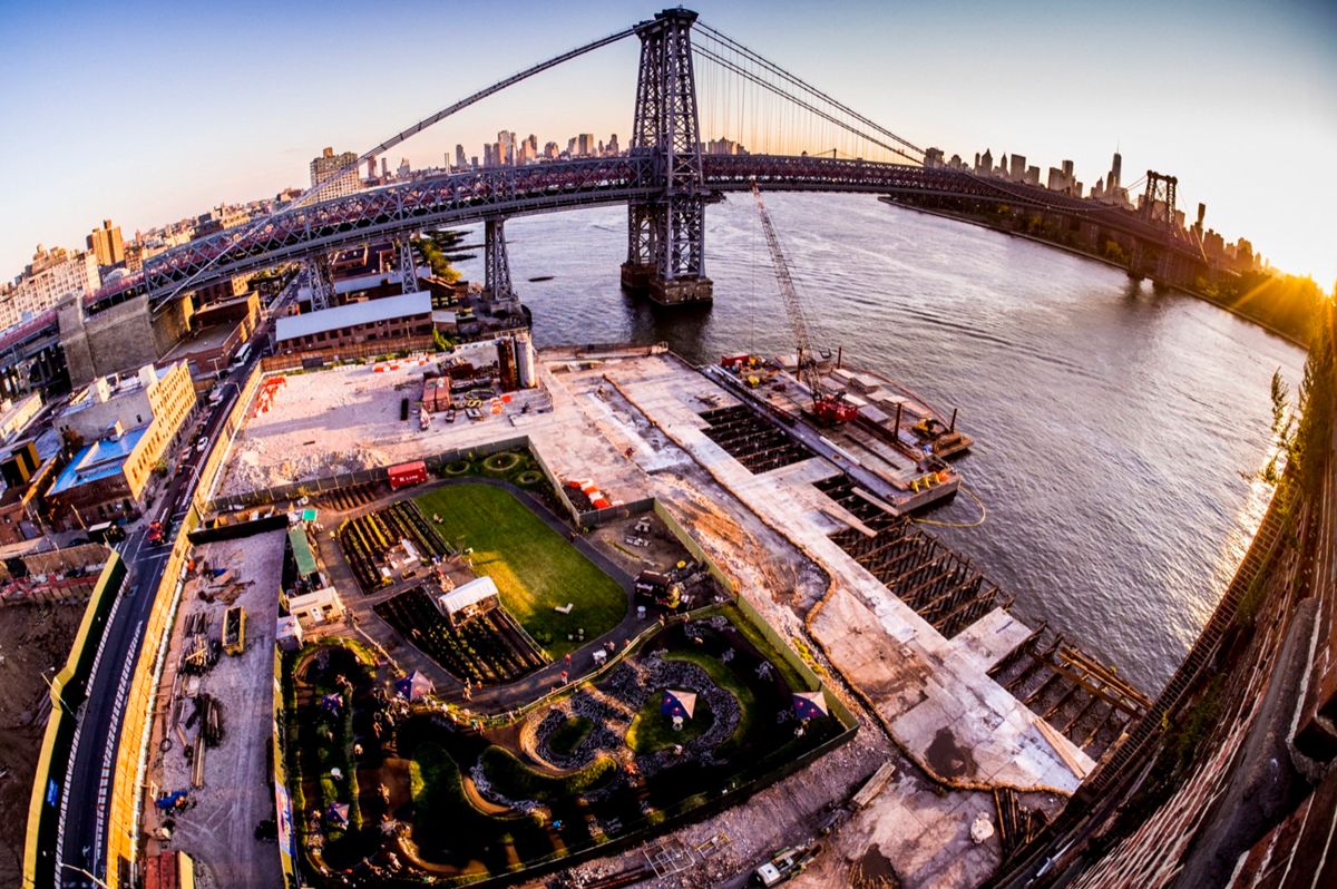 Arial shot of Brooklyn Pump Track with Brooklyn Bridge in the background