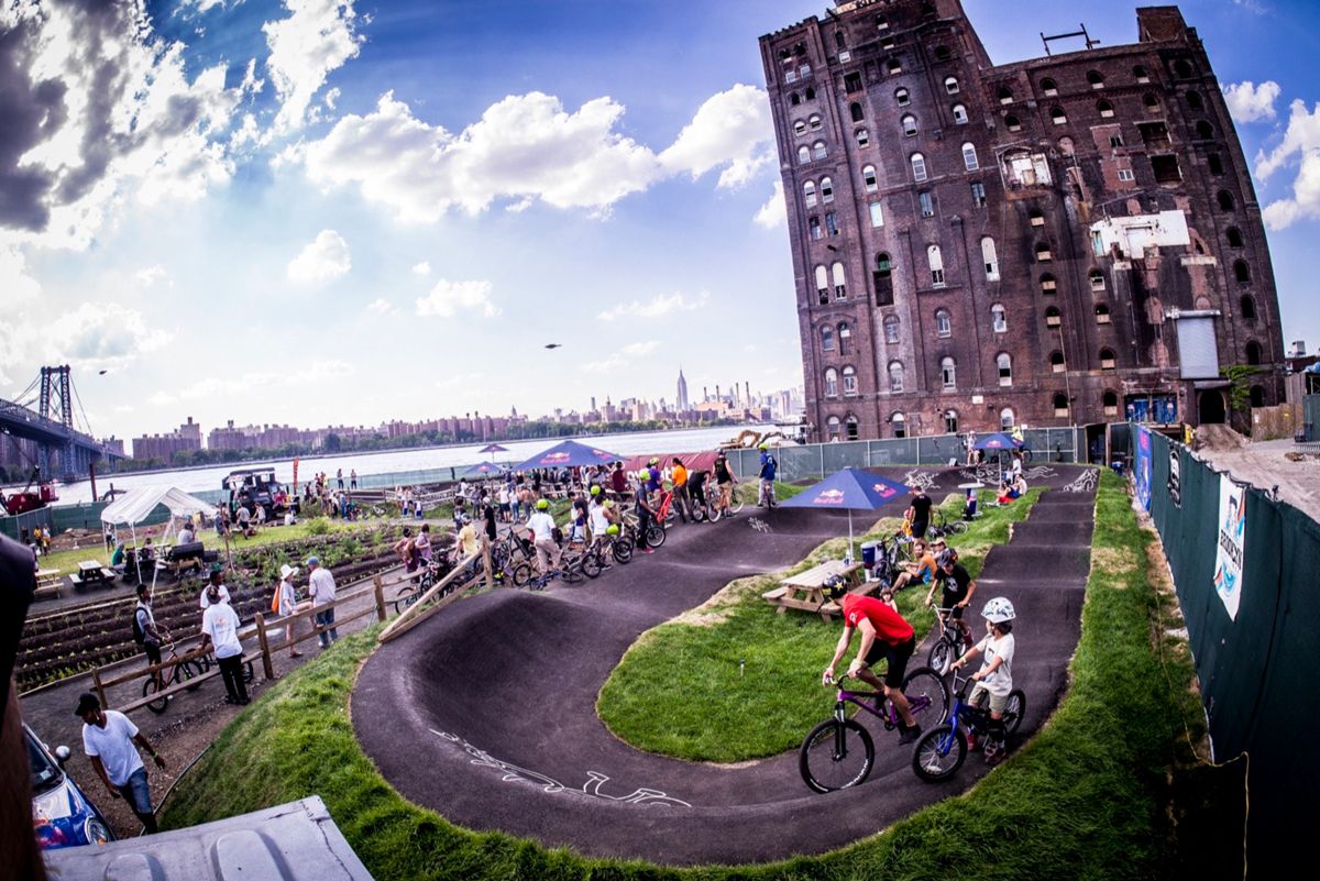 Brooklyn pump track with kids and adult riding