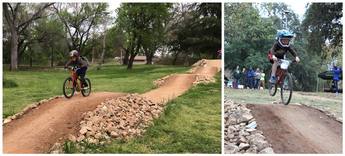 Caldwell Junior Bike Park in Redding, California. Young boys riding bikes on rolling dirt trails.