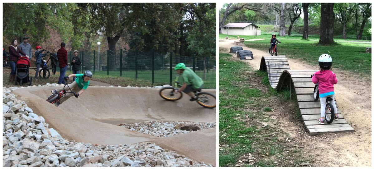 Caldwell Junior Bike Park in Redding, California. Boys riding on paved berm, young kids on balance bikes riding rolling wood bridges.
