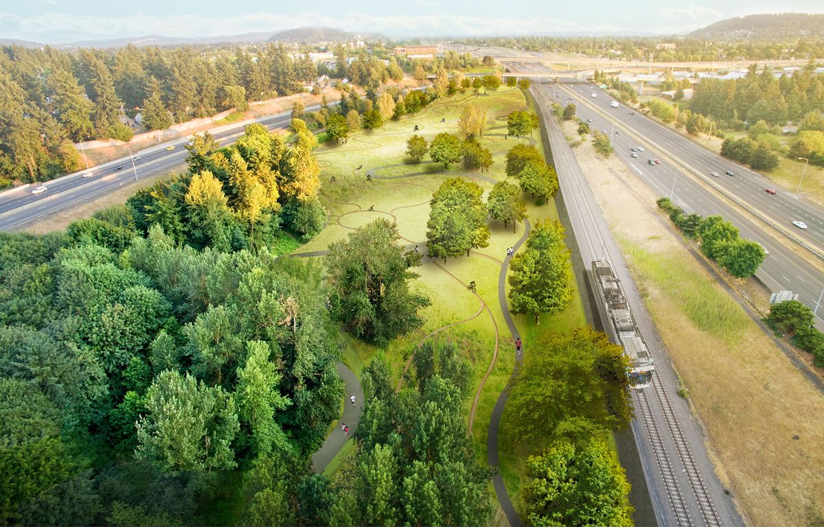 Gateway Green Bike Park in Portland, Oregon. Aerial shot.