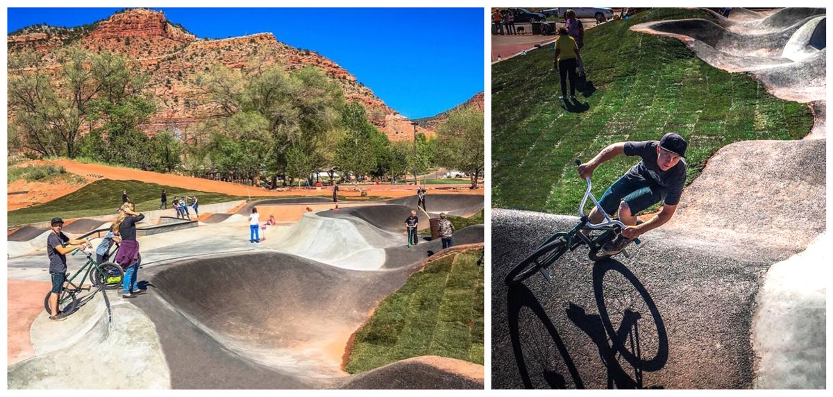 Kanab Bike and Skate park runs and jumps, boy riding BMX bike on pump track
