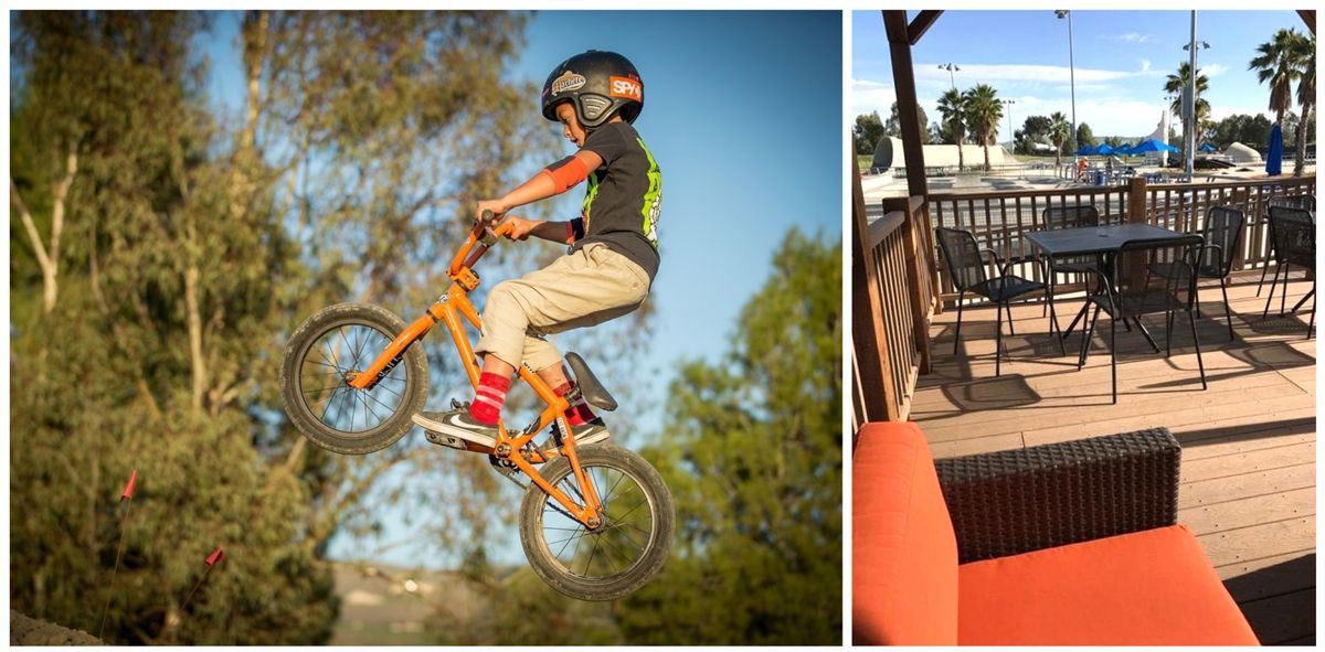Child executing a jump at Lake Cunningham Bike Park in San Jose. A shoto f the deck with chairs and a view for parents to relax.