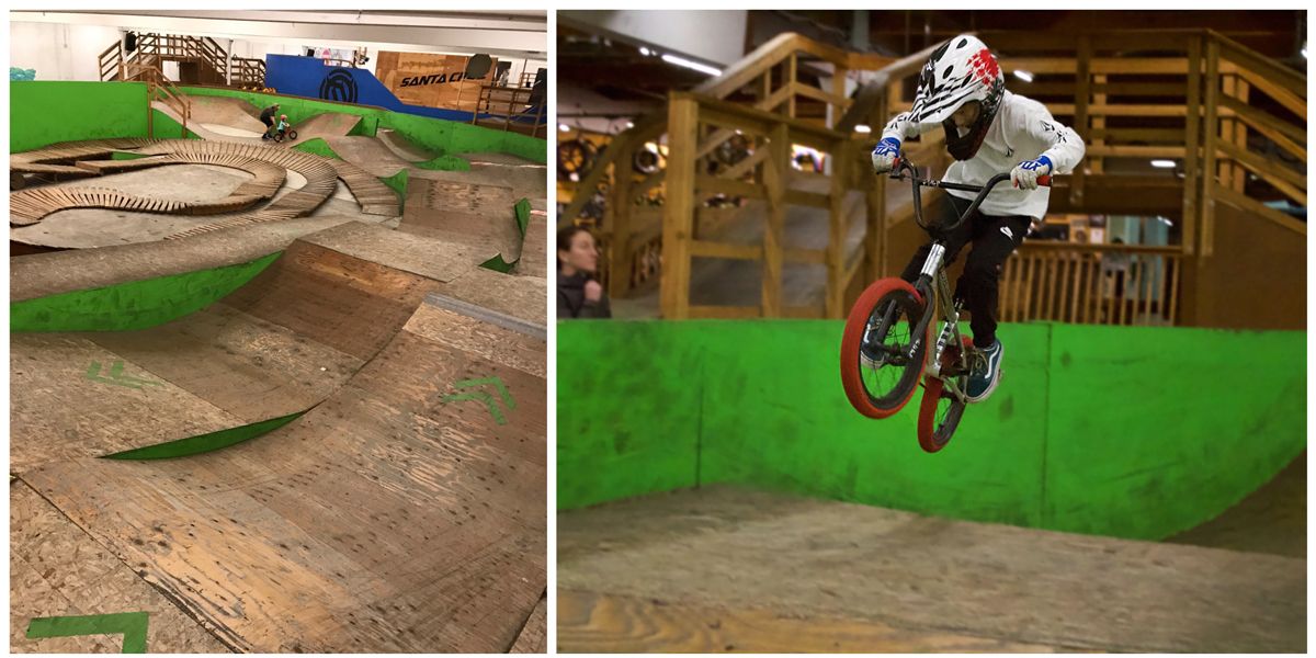 Green lines skills loop at Lumberyard indoor bike park in Portland. 8-year-old executing a jump.