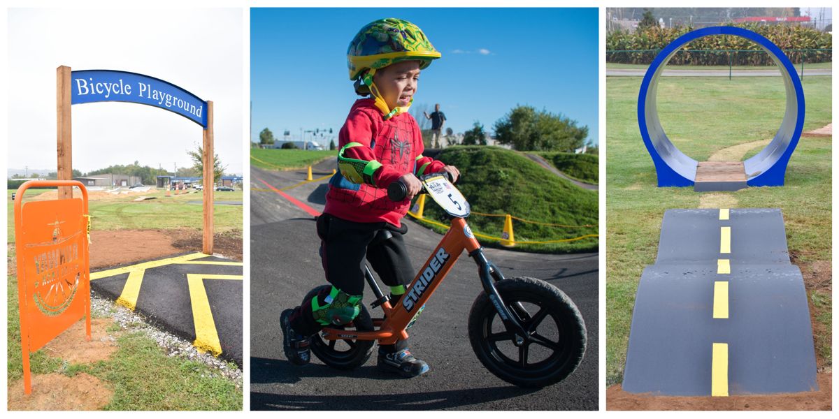 Two features of the Child Bicycle Playground at Runway Bike Park and a child riding a balance bike on the pump track