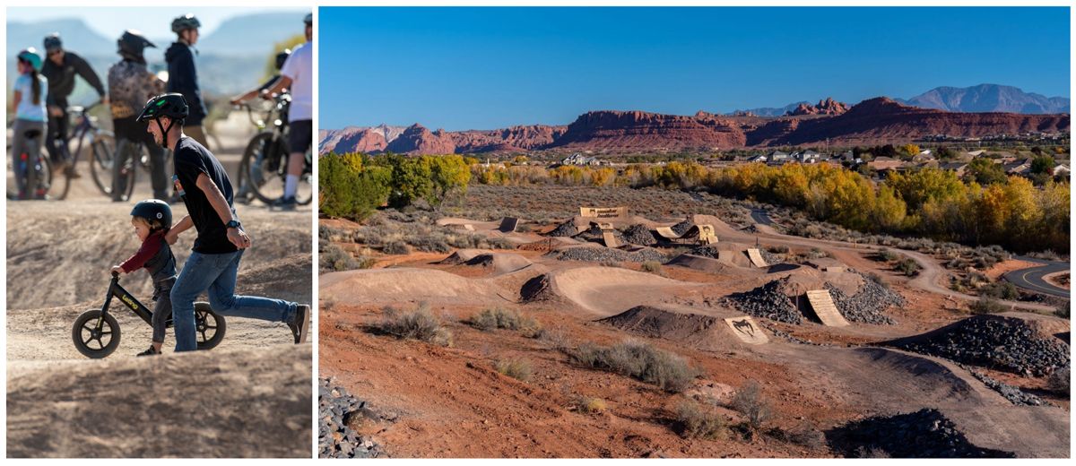 Child riding balance bike in Snake Hollow Bike Park and wide shot of park with red rock in background.